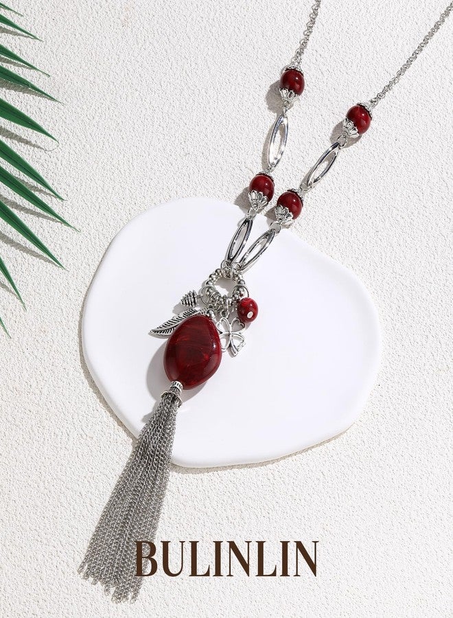 BULINLIN Long Chunky Pendant Necklaces for Women Silver Tassel Sweater Chain with Beaded Pendant Birthday Gifts for Mom Fashion Costume Jewelry(Dark Red) - Image 2